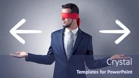  Presentation with eye pleasing - Presentation theme consisting of covered eye businessman choosing between two directions background and a ocean colored foreground