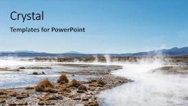  Presentation with earth surface uninhabited desert mountain - Presentation theme featuring geysir - sunshine view of surface covered background and a  colored foreground