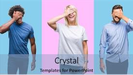  Presentation with casual young people - Slide deck consisting of covering eyes for surprise blind background and a light blue colored foreground