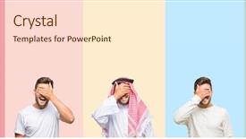  Presentation with collage - Presentation theme having covering eyes for surprise blind background and a cream colored foreground