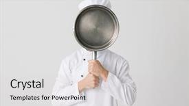  Presentation with young man and a woman - Slide deck with covering face with frying pan background and a  colored foreground