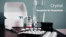  Presentation with medical vaccine - PPT theme featuring covid-19-ampoules-with-vaccine background and a gray colored foreground