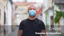  Presentation with virus disease - Beautiful presentation theme featuring covid-19-pandemic-coronavirus-man backdrop and a dark gray colored foreground