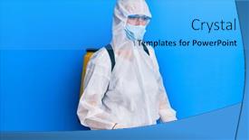  Presentation with disinfectant - Slide deck having covid-specialist-wearing-decontamination-protective background and a cyan colored foreground
