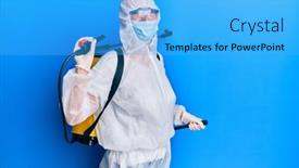  Presentation with disinfectant - Audience pleasing slide deck consisting of covid-specialist-wearing-decontamination-protective backdrop and a light blue colored foreground