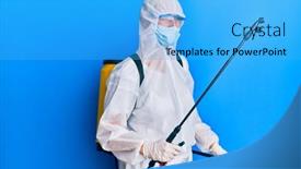  Presentation with disinfectant - Presentation theme having covid-specialist-wearing-decontamination-protective background and a cyan colored foreground