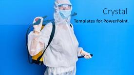  Presentation with disinfectant - Audience pleasing slide set consisting of covid-specialist-wearing-decontamination-protective backdrop and a light blue colored foreground