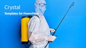  Presentation with covid - Colorful slide set enhanced with covid-specialist-wearing-decontamination-protective backdrop and a teal colored foreground