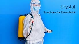  Presentation with covid - Presentation theme consisting of covid-specialist-wearing-decontamination-protective background and a light blue colored foreground