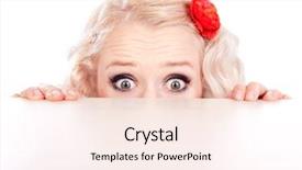  Presentation with table of contents - Amazing PPT theme having cowardly - funny girl hiding behind backdrop and a cream colored foreground