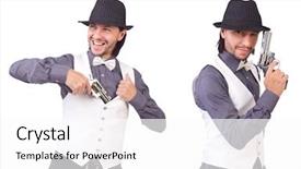  Presentation with charging gun man hands charging - Colorful presentation enhanced with cowardly - man with gun isolated backdrop and a white colored foreground