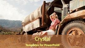  Presentation with old - Colorful slide deck enhanced with cowboy boots - attractive blond woman near backdrop and a red colored foreground