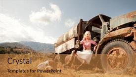  Presentation with old - Theme having cowboy boots - attractive blond woman near background and a gold colored foreground