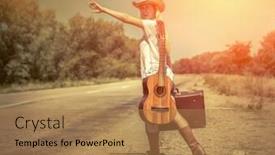  Presentation with cowboy - Beautiful presentation featuring cowboy style girl with guitar stay on the road under sunlight backdrop and a coral colored foreground