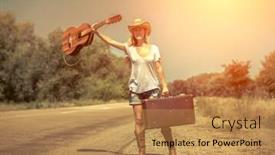  Presentation with cowboy - Beautiful presentation design featuring cowboy style girl on the road under sunlight backdrop and a gold colored foreground