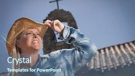  Presentation with cowgirl - Beautiful presentation design featuring cowgirl portrait with old church backdrop and a ocean colored foreground