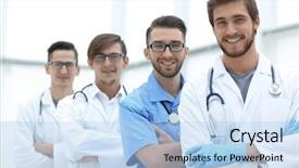  Presentation with medical - Slide set featuring coworker help - group of doctors standing background and a  colored foreground