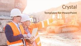  Presentation with construction site construction - Slide set with coworker holding laptop at construction background and a cream colored foreground