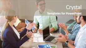  Presentation with coworkers - Cool new presentation theme with coworkers applauding a colleague after presentation in the office backdrop and a gray colored foreground