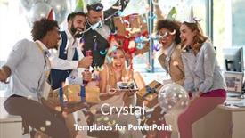  Presentation with happy birthday cake - Colorful presentation design enhanced with coworkers-celebratiing-boss-birthday backdrop and a coral colored foreground