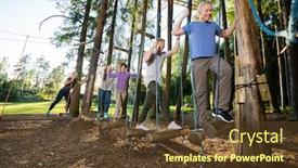  Presentation with coworkers - Slides having coworkers crossing swinging logs in forest background and a tawny brown colored foreground