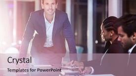  Presentation with coworkers - Amazing PPT layouts having coworkers in meeting at conference backdrop and a coral colored foreground