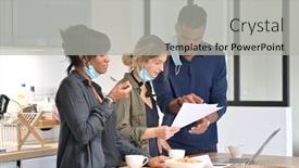  Presentation with coworkers - Amazing PPT theme having coworkers-in-office-having backdrop and a light gray colored foreground