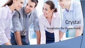  Presentation with coworkers - Beautiful presentation theme featuring coworkers leaning over table in office backdrop and a light blue colored foreground