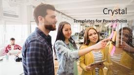  Presentation with sticky notes - PPT theme enhanced with coworkers looking at sticky notes pointed by female photo editor in meeting room background and a soft green colored foreground