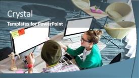  Presentation with coworkers - Audience pleasing slide set consisting of coworkers on computer in office backdrop and a ocean colored foreground