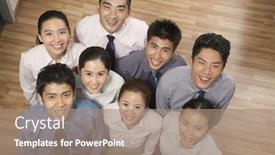  Presentation with coworkers - Presentation consisting of coworkers smiling portrait background and a coral colored foreground