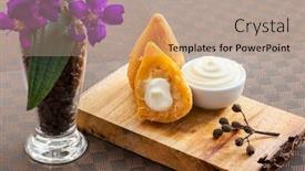  Presentation with snack - Audience pleasing slide set consisting of coxinha of chicken brazilian snack and catupiry backdrop and a coral colored foreground