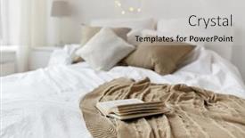  Presentation with christmas holidays - Beautiful presentation theme featuring coziness comfort interior and holidays concept - cozy bedroom with bed and christmas garland lights at home backdrop and a light gray colored foreground