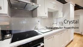  Presentation with kitchen furniture - Slide deck featuring cozy bright kitchen interior background and a light gray colored foreground