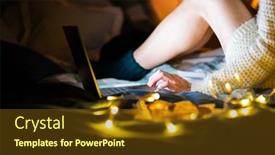  Presentation with socks - Presentation theme with cozy-christmas-at-home-woman background and a tawny brown colored foreground