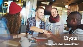  Presentation with lawyer client meeting - Slides having cozy coffeehouse cheerful designer shaking background and a violet colored foreground