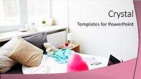  Presentation with teen girl tech - PPT theme having cozy teen girl bedroom with laptop teddy bear and heart-shaped balloon on bed background and a white colored foreground