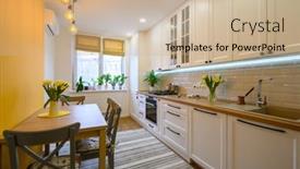  Presentation with dining table - Slide set consisting of cozy-well-designed-modern-kitchen background and a soft green colored foreground