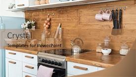  Presentation with interior - Theme enhanced with cozy-white-kitchen-interior-empty background and a coral colored foreground