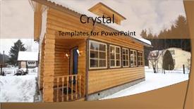  Presentation with snow day - Beautiful slide deck featuring cozy wooden country house among snow at winter day with snowfall backdrop and a coral colored foreground