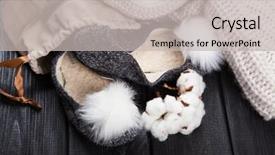  Presentation with dark vintage wood table texture - Colorful slide set enhanced with cozy woolen home slippers on dark wood backdrop and a light gray colored foreground