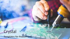  Presentation with computer engineering - Beautiful presentation design featuring cpu - worker fixing a main board backdrop and a light blue colored foreground