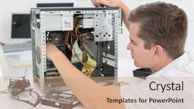  Presentation with cpu - Beautiful presentation theme featuring cpu - young technician working on broken backdrop and a coral colored foreground