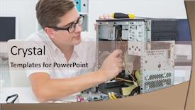  Presentation with young students working in groups - Colorful presentation theme enhanced with cpu - young technician working on broken backdrop and a coral colored foreground