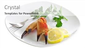  Presentation with wedges - PPT theme consisting of crab claws lemon wedges and a sprig of parsley on a platter background and a white colored foreground