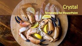  Presentation with wood sculpture - Theme having crab claws on wood platw background and a tawny brown colored foreground