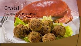  Presentation with for green - Audience pleasing presentation consisting of crab meatballs with green salad backdrop and a red colored foreground