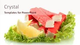  Presentation with chemistry leaves green leaf - Colorful theme enhanced with crab sticks on lettuce leaves with lemon isolated on white backdrop and a sky blue colored foreground