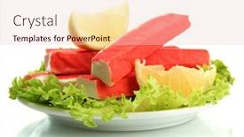  Presentation with crab - Colorful PPT layouts enhanced with crab sticks with lettuce leaves and lemon on plate isolated on white backdrop and a lemonade colored foreground