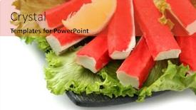  Presentation with crab - Colorful presentation theme enhanced with crab sticks with lettuce leaves and lemon on plate isolated on white backdrop and a red colored foreground